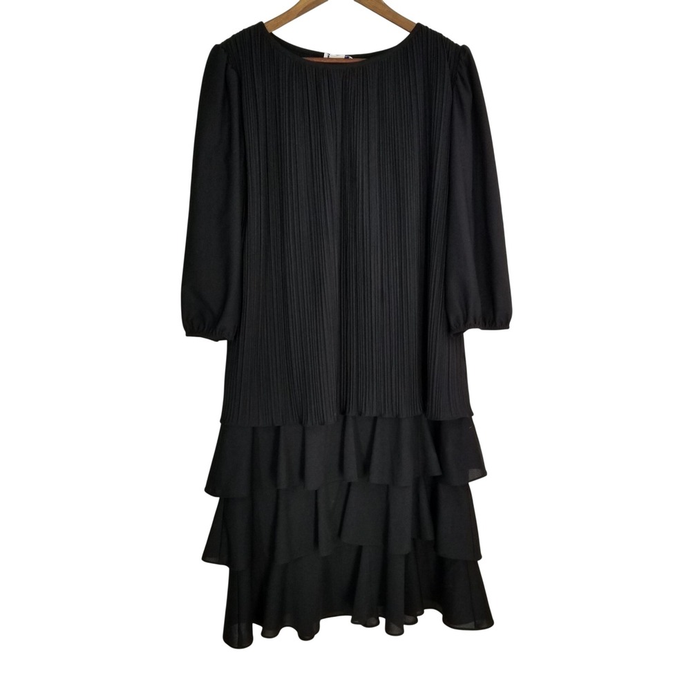 Good Times Vintage Black Pleated Tiered Ruffle Midi Dress 13/14 Made in USA‎